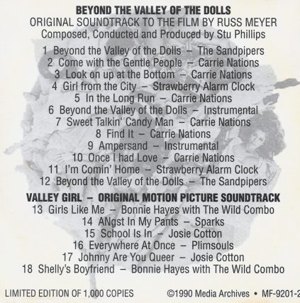 Beyond the Valley of the Dolls, Valley Girl Soundtrack featuring Josie Cotton, Sparks, The Plimsouls, Bonnie Hayes with the Wild Combo, The Sandpipers, and many more