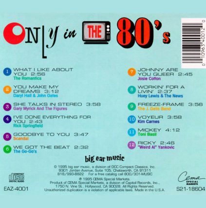Only In The 80s featuring Josie Cotton, Johnny Are You Queer, Huey Lewis and the news, the Romantics, Rick Springfield, the Go Gos, Weird Al Yankovic, Toni Basil, Kim Carnes,