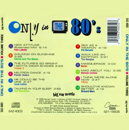 Only In The 80s, featuring Josie Cotton, Pat Benatar, Patti LaBelle, Pointer Sisters, The Romantics, Richard Marx, Tiffany, Belinda Carlisle, Berlin, The Bangles